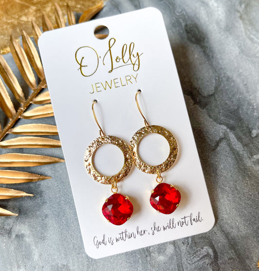 O’Lolly “Ruby” Earrings- Gold Hoop w/Red Stone