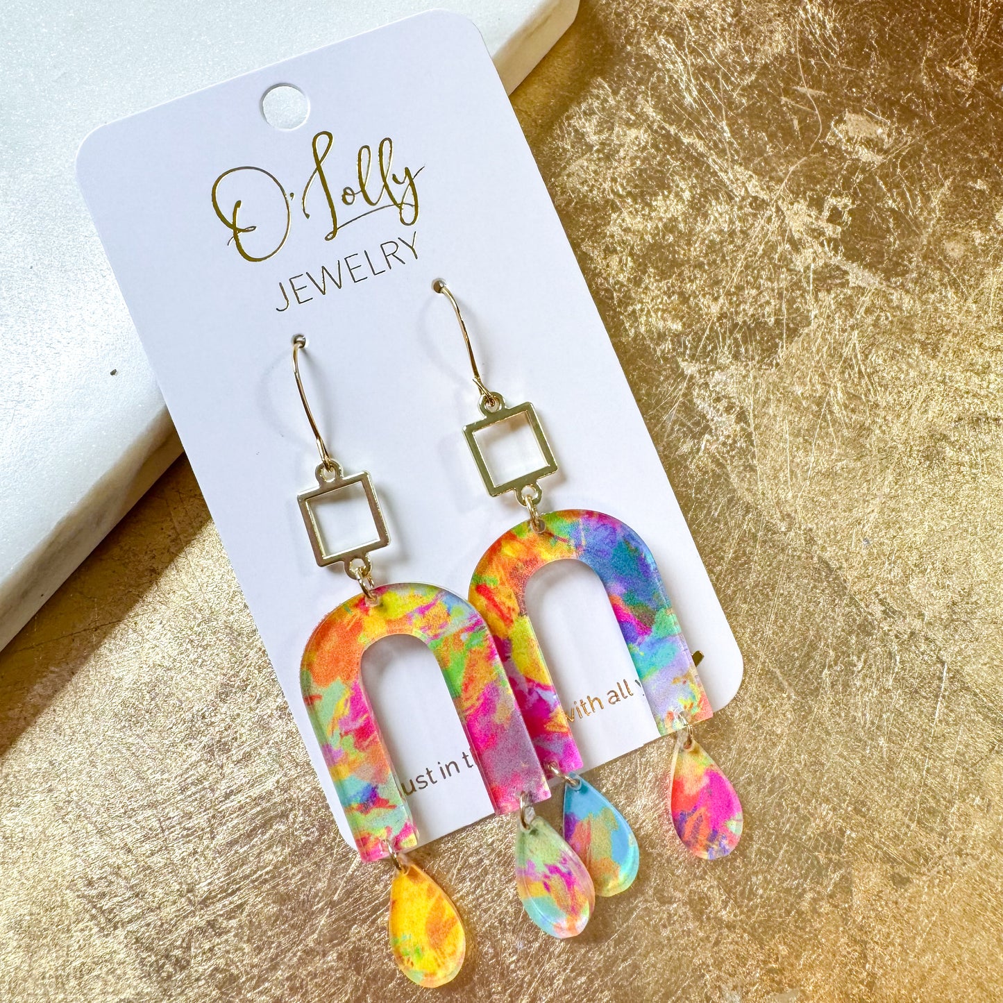 O’Lolly “Macy” Earrings - Gold Square w/Colorful Acrylic Dangles