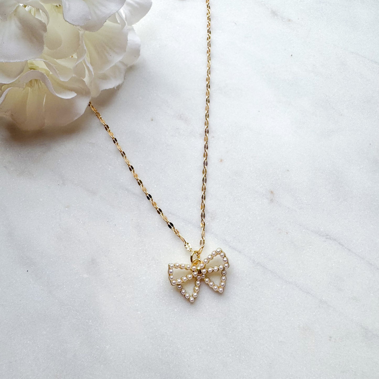 18k Gold Plated Sparkle Necklace w/Pearl Bow Charm Necklace (Limited Available)