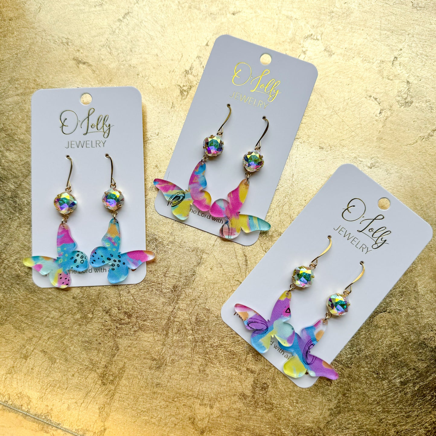 O’Lolly “Flutter” Earrings - AB Stone w/Multicolored Butterfly Acrylic Dangle