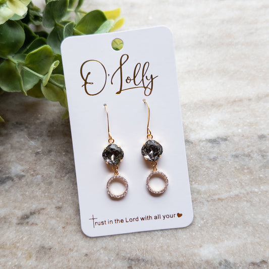 Charcoal Stone w/Cubic Zirconia Open Circle Charm Earrings - “Charleigh”