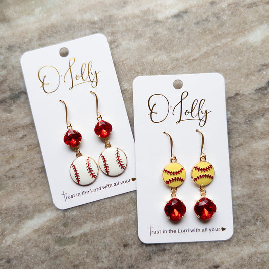 Baseball & Softball Earrings w/Red Stone