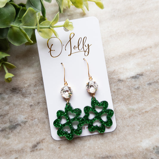 Clear Stone w/Green Acrylic Clover “Patty” St. Patrick Day Earrings- ON SALE