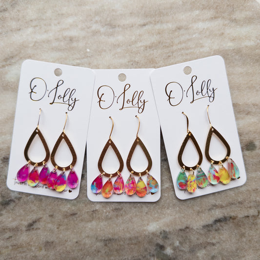 Gold Textured Teardrop w/Multicolored Acrylic Teardrops “Callie”