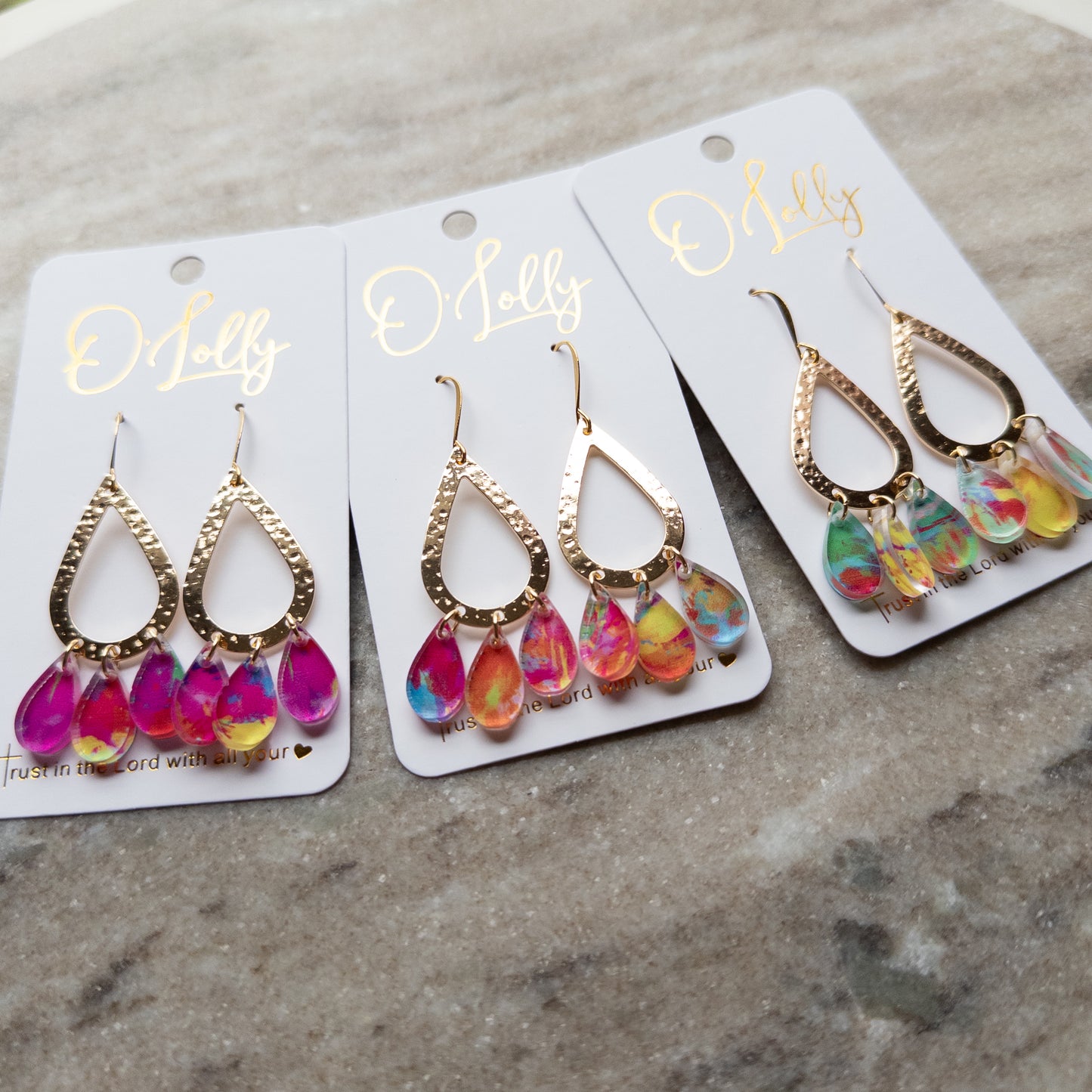 Gold Textured Teardrop w/Multicolored Acrylic Teardrops “Callie”