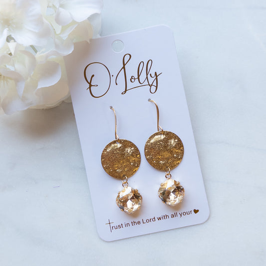 Gold Textured Circle w/Topaz Stone Dangle Earrings - “Taylor”