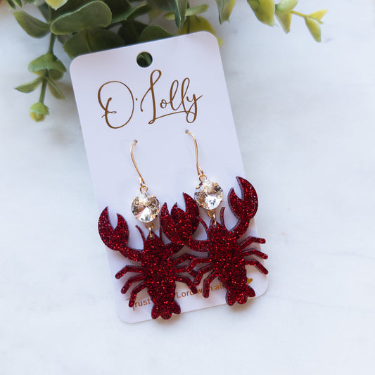 Red Glitter Crawfish Earrings w/Clear Stone