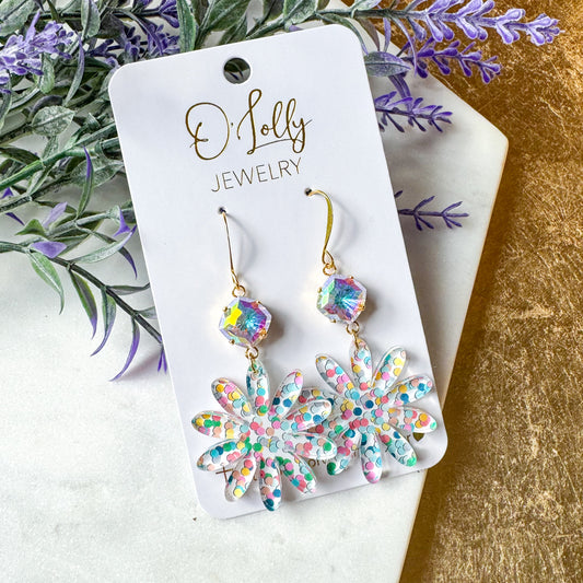 O’Lolly “Posey” Earrings- AB Stone w/Multicolored Acrylic Flower