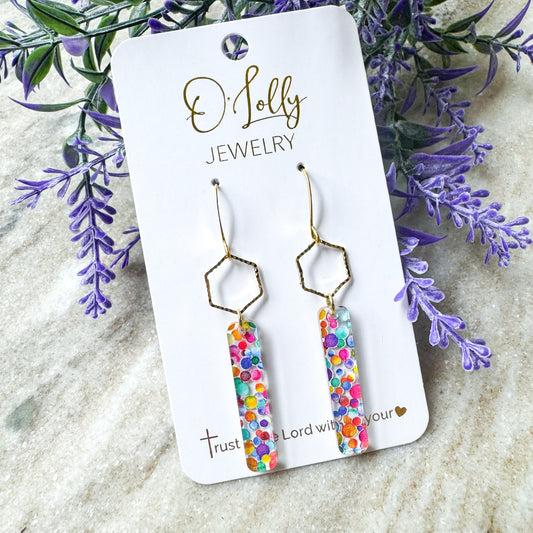 O’Lolly “Pop” Earrings- Hexagon with Confetti Bar