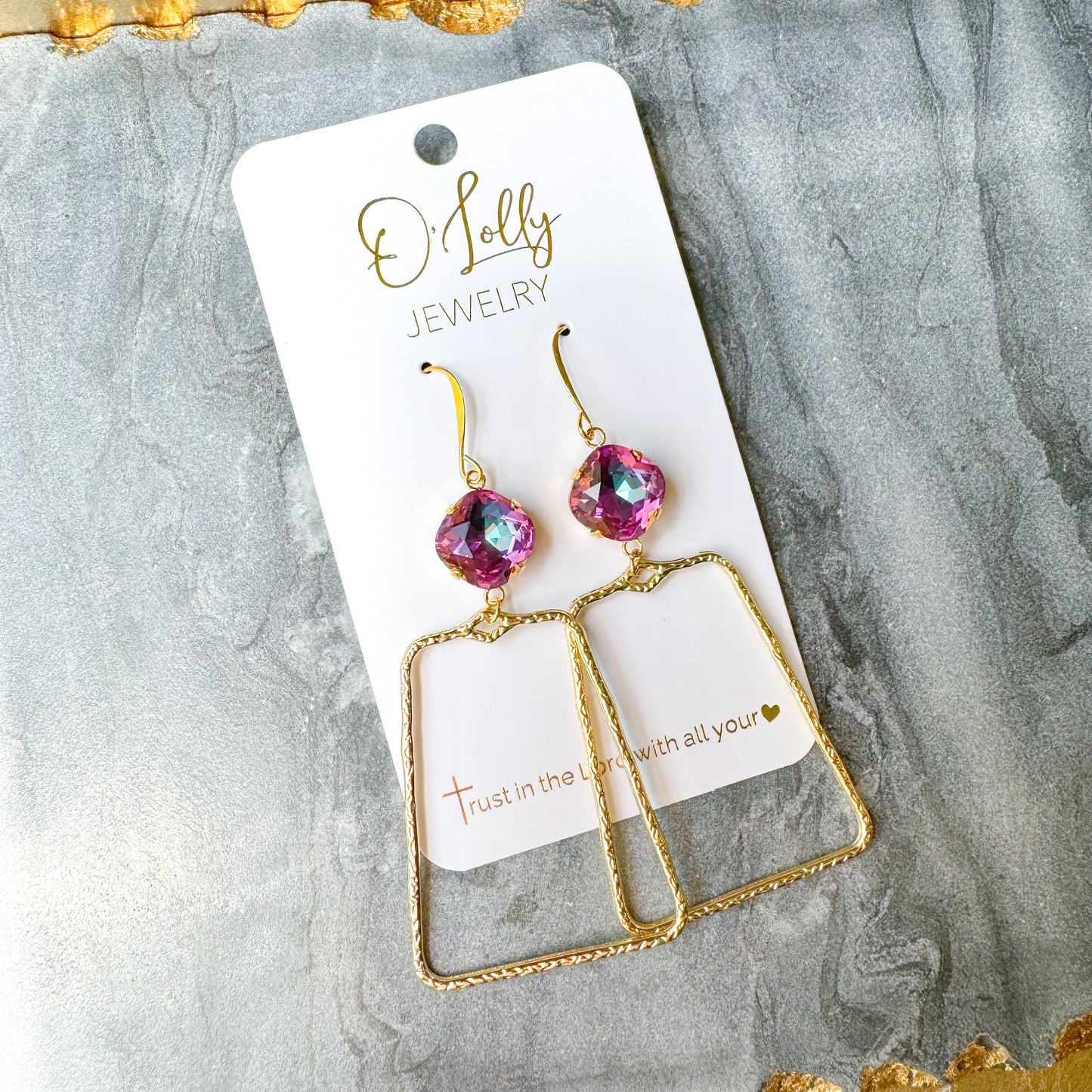 O’Lolly “Dakota” Earrings- Pink/Purple Stone w/Gold Dangle