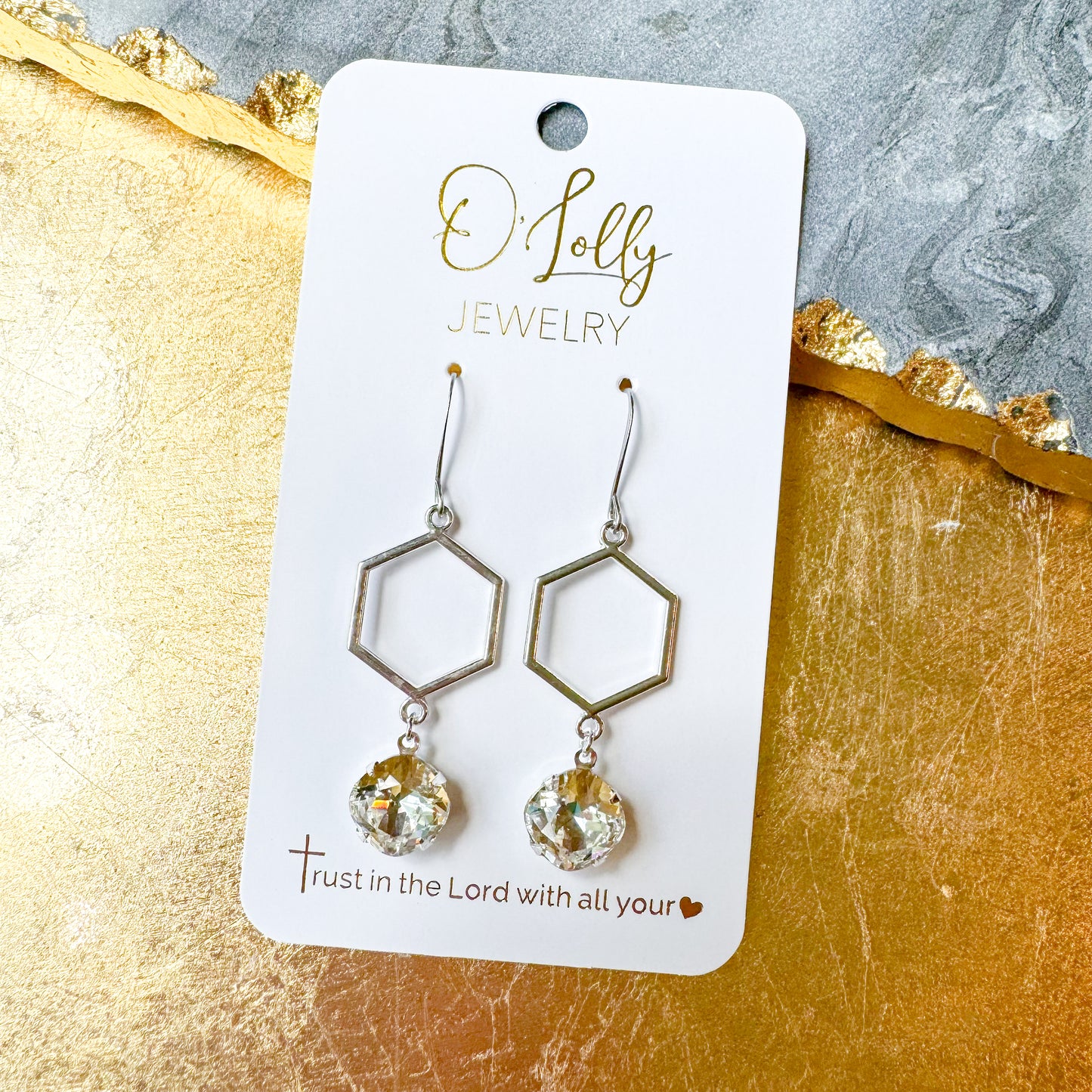 O’Lolly “Everly” Earrings- Hexagon w/Clear Stones