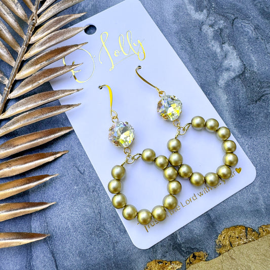 O’Lolly “Trudy” Earrings- Clear Moonlight Stone w/Matte Gold Beaded Hoop