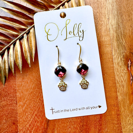 O’Lolly “Stark” Earrings - Maroon Stone w/Gold CZ Paw Print Charm