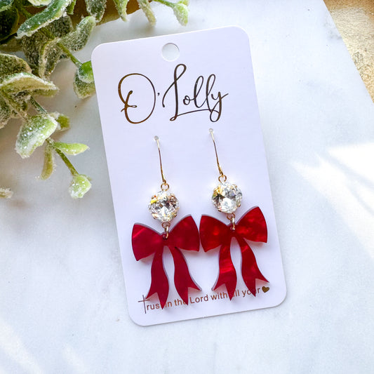 Red Acrylic Bow Earrings w/Clear Stone Christmas